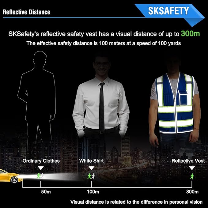 SKSAFETY 10 Pockets Safety Vest, Class 2 High Visibility Security with Zipper, Hi Vis Vest with Reflective Strips, ANSI/ISEA Standard, Construction Work Vest for Men ＆ Women （Blue, XL）