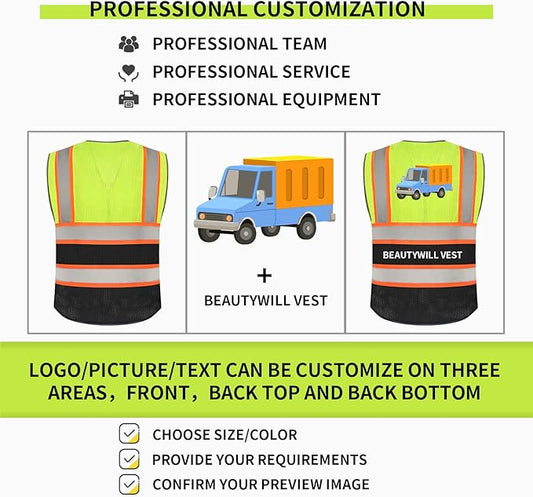 BeautyWill 10 Pack Custom Logo Safety Vest ANSI Class 2 High Visibility Reflective Vest Personalized Construction Vest Bulk