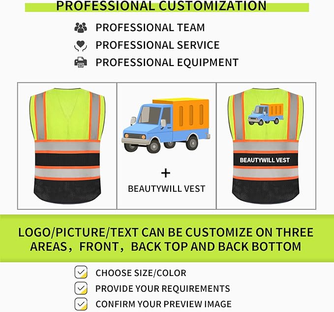 BeautyWill Custom Logo Safety Vest Class 2 High Visibility Reflective Vest for Men - Personalized Logo Team Vest