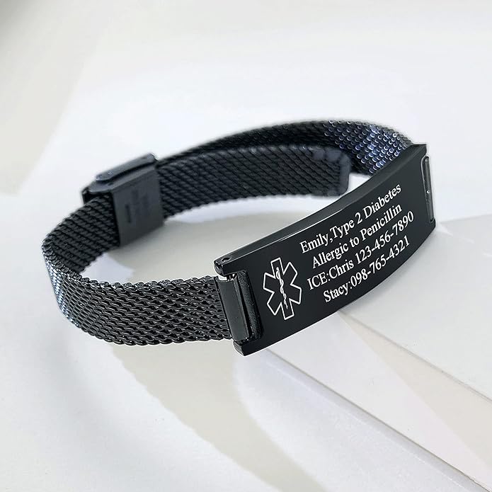 VNOX Medical Alert Bracelets for Men & Women Kids with Free Engraving Adjustable Stainless Steel Mesh Emergency Medical ID Bracelets Wristband