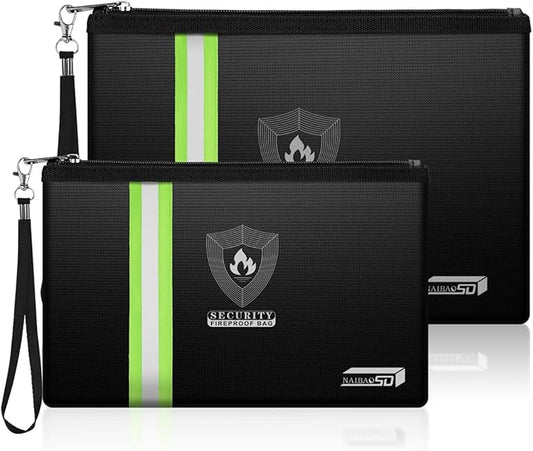 Fireproof Document Bag with Metal Zipper & Reflective Strip, Waterproof Fire Safe Pouch for Cash, Passport, Certificates, Valuables (2 Sizes: 13.3x9.4" & 10.8x6.8")