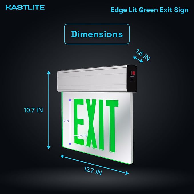 KastLite LED Emergency Edge-Lit Exit Sign, 180 Min Backup, Damp Rated, Green Letters, UL Listed, 120/277V, Acrylic Panel - 2 Pack