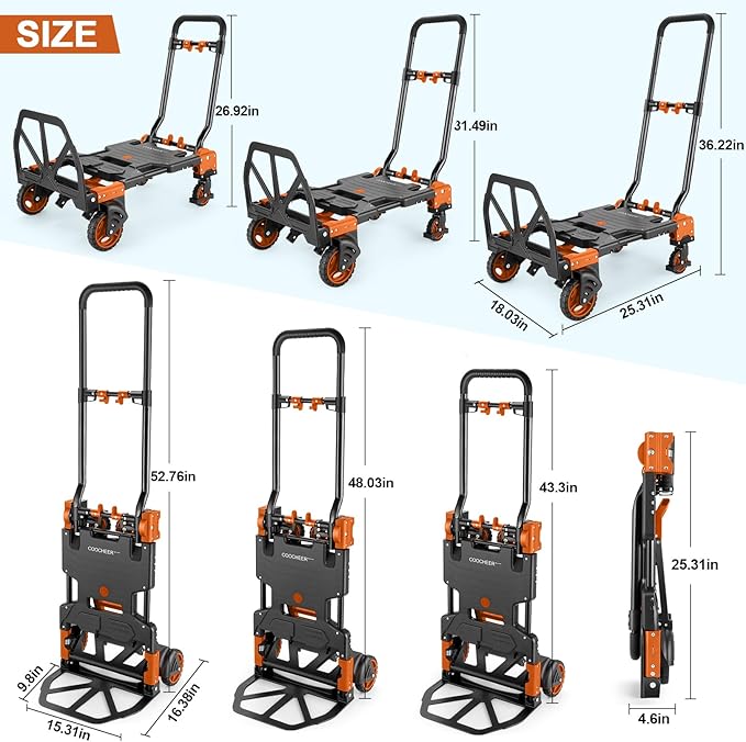 2-in-1 Folding Hand Truck Dolly 330LB Load Carrying, Hand Truck Foldable Dolly with Retractable Handle and 4 Rubber Wheels, Portable Folding Hand Cart for Moving/Travel/Office(Orange)