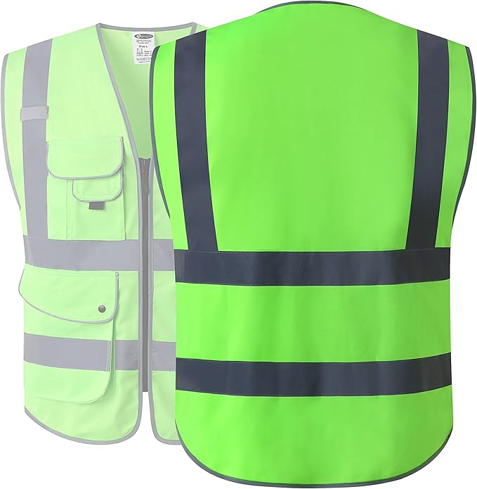 JKSafety 9 Pockets Class 2 High Visibility Zipper Front Safety Vest With Reflective Strips, Meets ANSI/ISEA Standards (150-Green, 3X-Large)