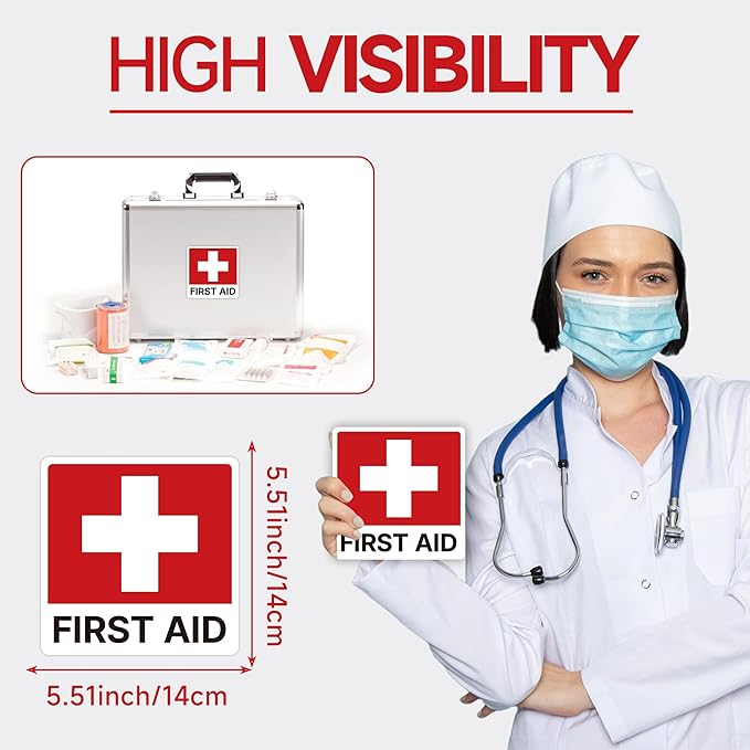 3PCS First Aid Sign Sticker for Home，Self-Adhesive Waterproof First Aid Decals for First Aid Boxes, Emergency First Aid Kit Supplies for Car, Office or Business 5.5''x5.5''