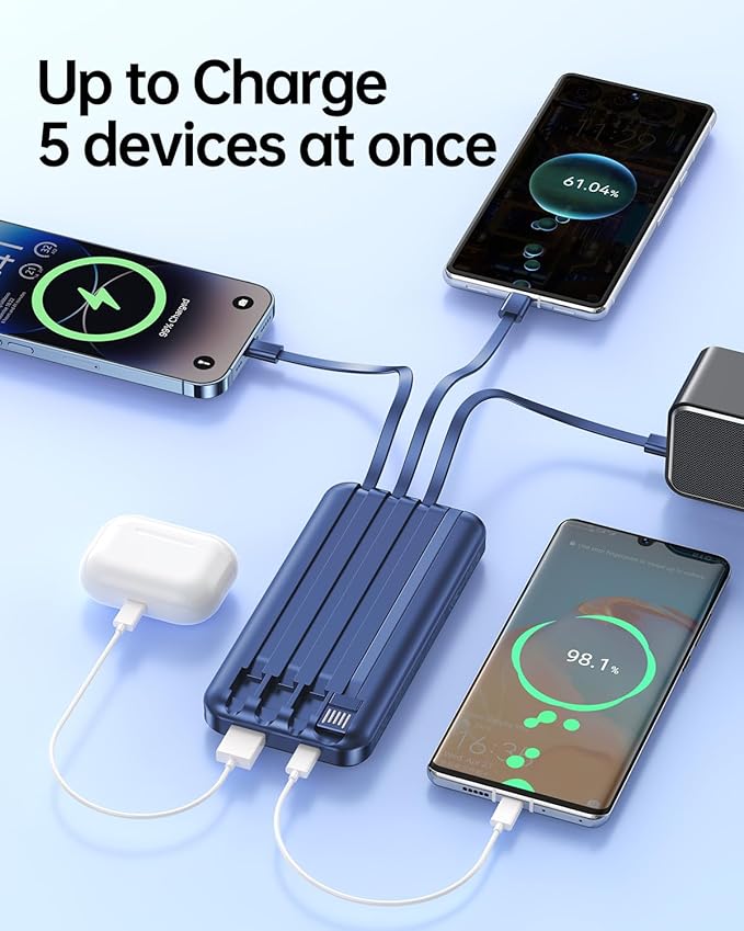 Portable Charger with Built in Cable 10000mah USB C Power Bank Fast Charging Travel Essential Battery Pack for iPhone Samsung Android iPad etc