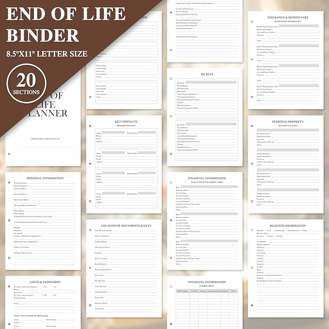 Lanpn End of Life Binder Organizer Death Planner 8.5"x11", Final Wishes & Estate Document Folder with 8 Dividers & 10 Letter Size Binder Pockets, When I Die Journal Before Death Life Plan Book, Black