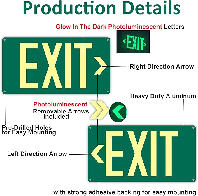 2Pack Photoluminescent Exit Sign Green, 14.25"x 7.5" Aluminum Glow In The Dark Exit Signs with Strong Adhesive Backing and 4pcs Removable Directional Arrows Glow In The Dark,Easy to install.