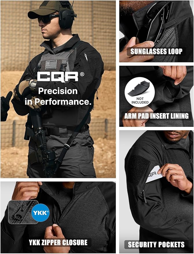 CQR Men's Combat Shirt Tactical 1/4 Zip Long Sleeve Military BDU Shirts Camo EDC Top with Pockets