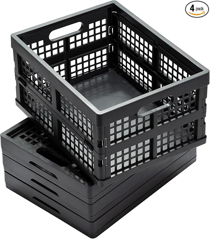 16L Collapsible Storage Crates,Folding Plastic Crates for Storage,Pack of 4,Gray