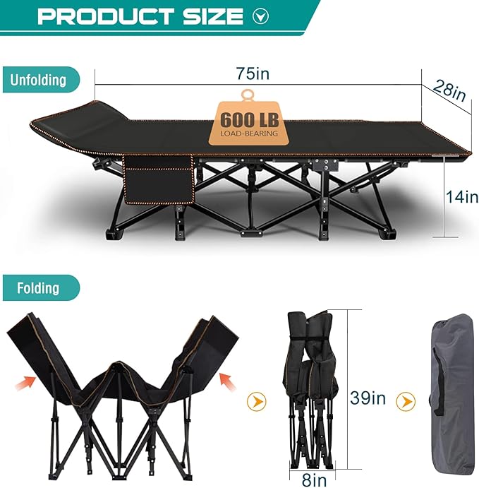 ABORON Heavy-Duty Folding Guest Bed for Adults, 500lb Capacity, Portable Extra Cot with 1242D Double Layer, Ideal for Indoor Guest Stays & Temporary Home Use