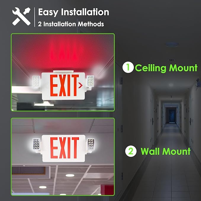 Gruenlich LED Combo Exit Sign, Emergency Light with 2 Adjustable Heads and Double Face, Back Up Batteries- US Standard Red Letter EXIT, UL 924 Qualified, 120-277 Voltage, 6-Pack