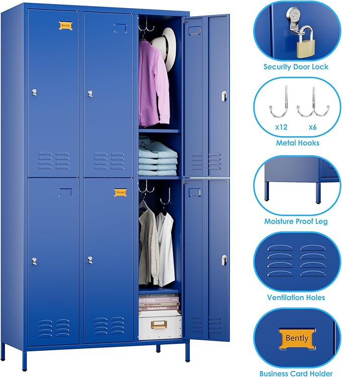 Metal Lockers for Employees with 6 Doors and 18 Hooks, 72”H Storage Locker with Card Slot for Office Gym School Bedroom, Blue, Assembly Required