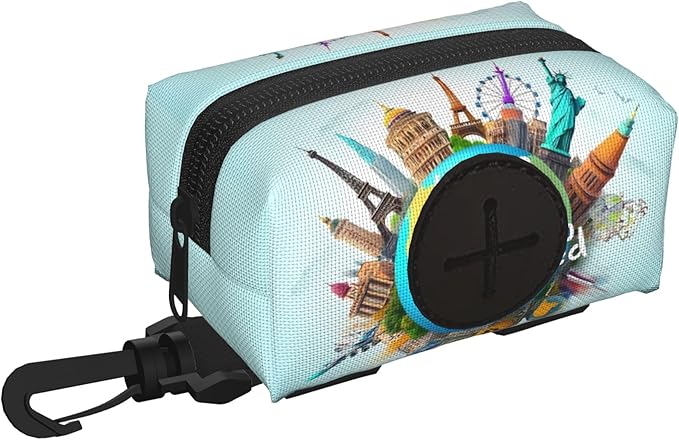 Let's go Travel Around the World Pattern Dog Poop Bag Holder for Leash Dogs Waste Bags with Carabiner Clip Pet Waste Bag for Outdoor Puppy Walking and Travel