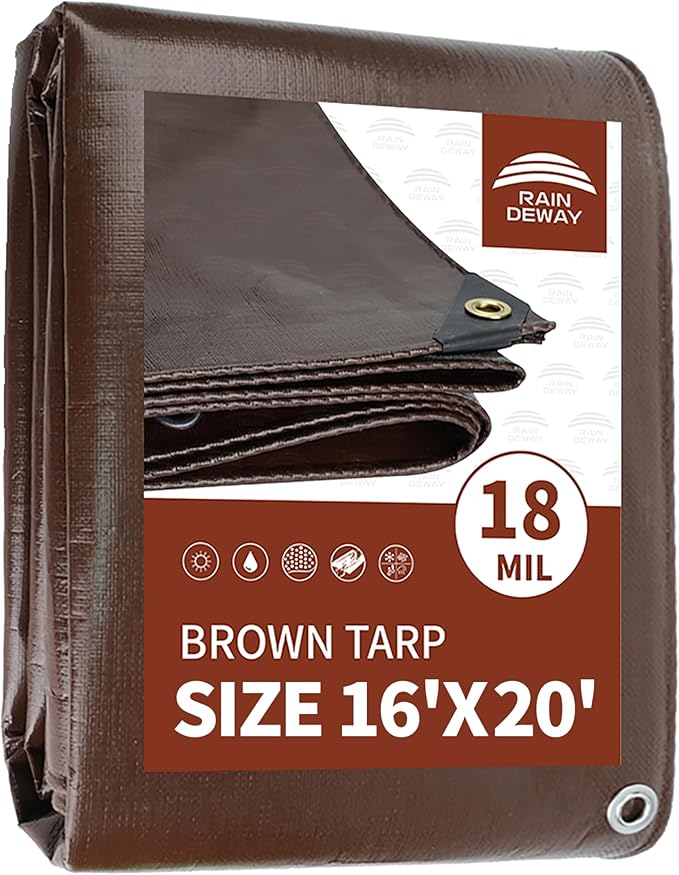 RAINDEWAY 16x20 Feet Super Heavy Duty Tarp 18 Mil,Large Tarps,UV Resistant, Weatherproof, Multipurpose Waterproof Poly Tarp Cover with Grommets and Reinforced Edges,Brown Tarps