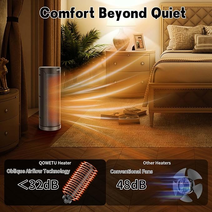 Portable Space Heater for Indoor Use with Remote - QOWETU 70° Oscillating Electric Heater, 17 Inchs, 12H Timer, 1500W Quiet PTC Ceramic Heating with Thermostat, Fast Safety Heat for Home, Bedroom