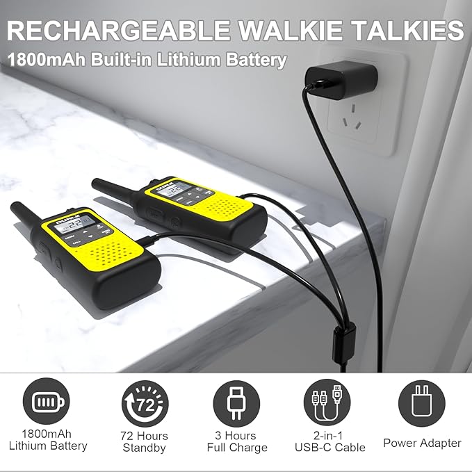 Walkie Talkies Long Range for Adults - 2 Pack Rechargeable Walkie Talkies Two Way Radios 22 FRS Channels, NOAA Weather Alerts, 1800mAh Li-ion Battery, LED Flashlight, VOX for Hiking Camping (Yellow)