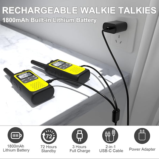 Walkie Talkies Long Range for Adults - 2 Pack Rechargeable Walkie Talkies Two Way Radios 22 FRS Channels, NOAA Weather Alerts, 1800mAh Li-ion Battery, LED Flashlight, VOX for Hiking Camping (Yellow)
