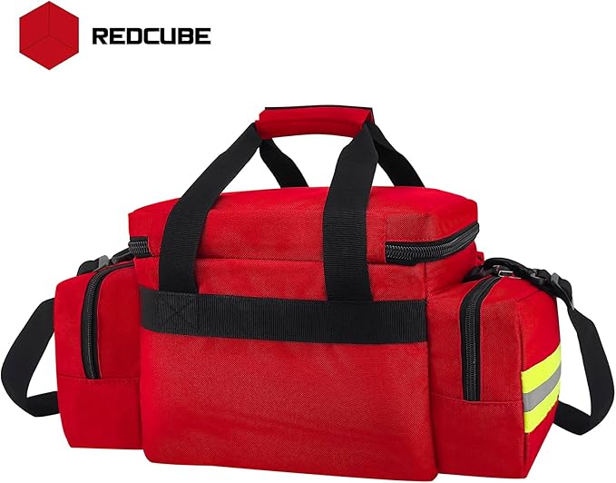 REDCUBE Emergency Bag - First Aid Bags Empty - First Responder Bag for Trauma, Professional Multiple Compartment Kit Carrier For Emergency Medical Supplies (Red)