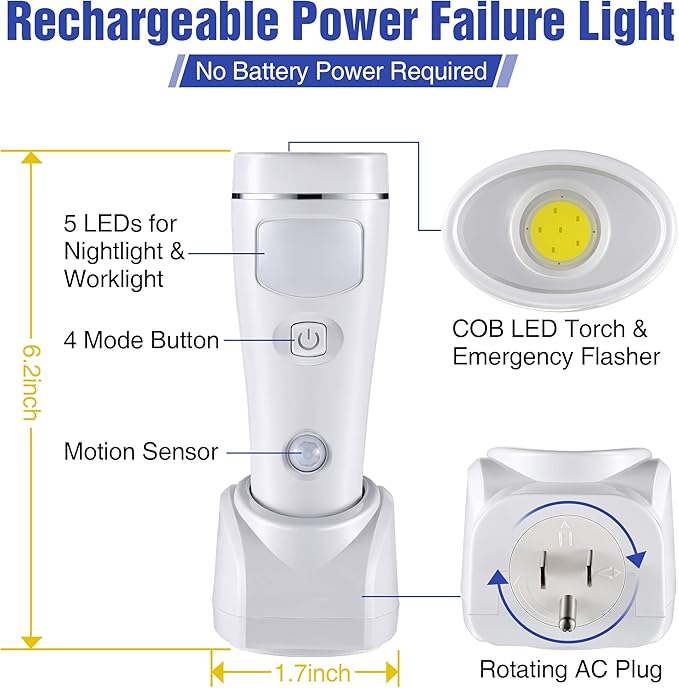 Enhon 4 in 1 LED Emergency Lights for Home Power Failure, 6 Pack Rechargeable Plug in Flashlight Motion Sensor Night Light, Automatic Turn On Power Outage Light for Home Hurricane Supplies(White)
