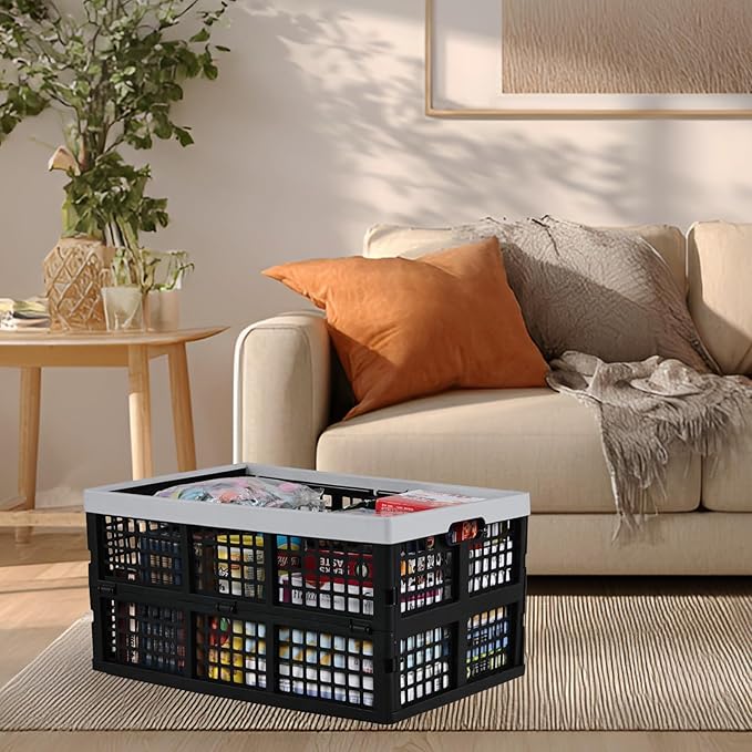 Gloreen 42 L Plastic Folding Storage Crates, Collapsible Crate for Storage, 4-Pack