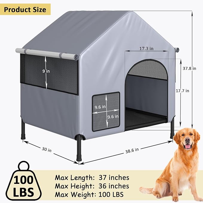 Outdoor Dog House for Small Large Dogs, Waterproof & Snowproof 600D Oxford Dog House with Elevated Dogs Bed, Pet Canopy Tent for Doggie, Cats, Small Animals, Grey