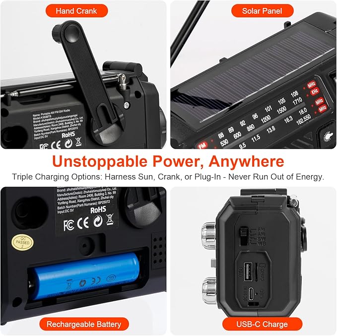 Hand Crank Emergency Weather Radio with 2600mAh/9620mWh Power Bank, NOAA AM FM Shortwave Portable Radio, Solar & USB-C Charging, Flashlight, SOS Alarm for Emergency Kits (Black)