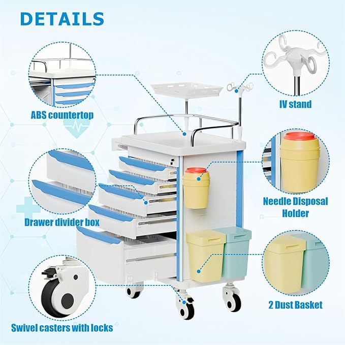 Emergency Crash Cart with Accessories IV Pole, Cardiac Board, O2 Holder, Mobile Cart, Trash Can, Drawer for Clinic,Nursing Center, 30" L x 19" W x 38" H (Blue)