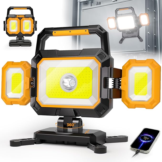 Yzoni LED Rechargeable Work Light, 40W 4000LM Magnetic Work Light with 6 Modes, Battery Powered Portable Mechanic Lights with 360°Rotate Foldable Design for Auto Car, Garage, Workshop
