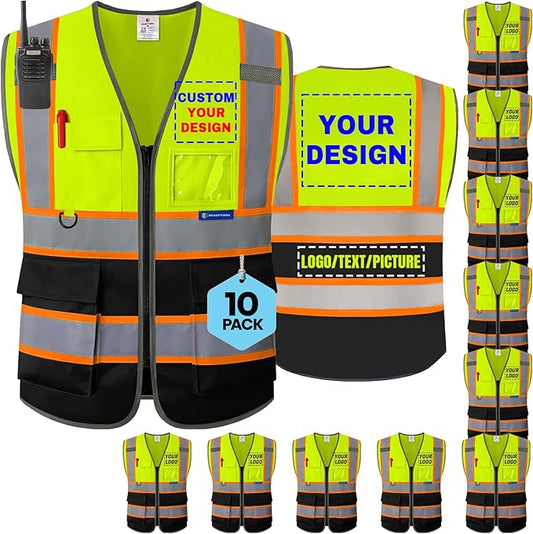 BeautyWill 10 Pack Custom Logo Safety Vest ANSI Class 2 High Visibility Reflective Vest Personalized Construction Vest Bulk