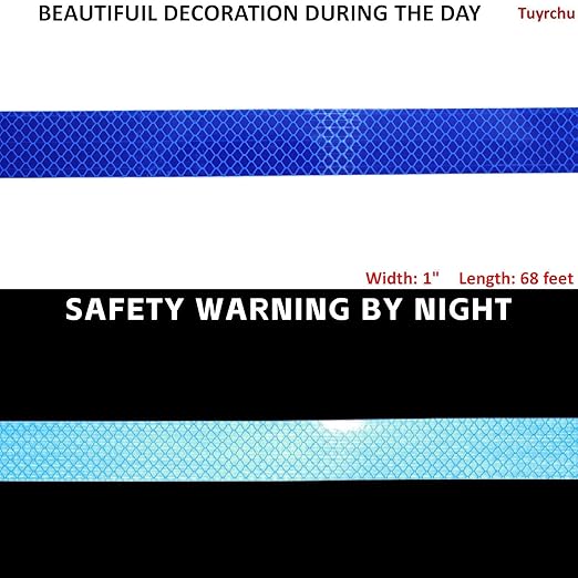 Non Fading Reflective Tape Blue 1 inch Wide, Outdoor Waterproof High Visibility Safety Warning Reflector Sticker Strips (68 feet)