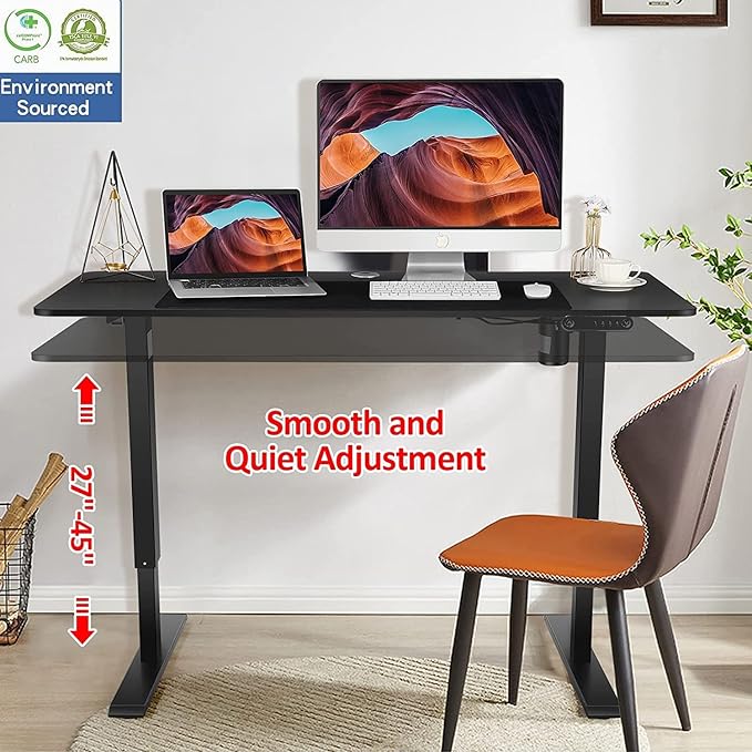 Electric Adjustable Height Standing Desk, 48×24 Inches Sit Stand Desk with Power Socket, 2 USB Ports, 3 Power Outlets, 4 Wheels,4 Memory Buttons Home Office Computer Workstations(Black)