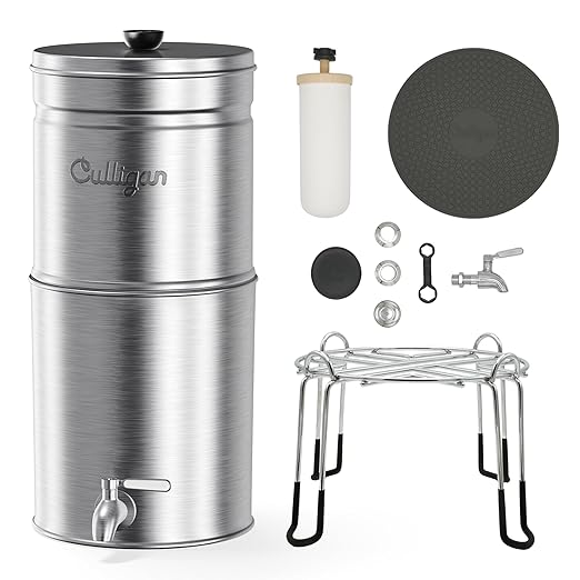 Culligan MaxClear 2.25 Gallon Gravity Water Filter System, Brushed Stainless-Steel Countertop Water Filter NSF/ANSI Certified to Reduce Microplastics, Lead & Total PFAS, with 4 Ceramic Filters