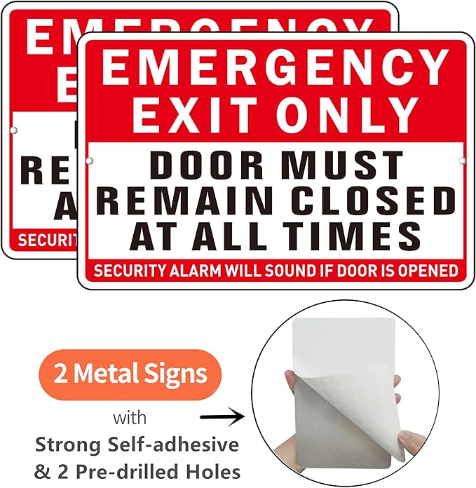 Emergency Exit Only Sign, (2 Pack) Self Adhesive Emergency Exit Sign Sticker for Door, Rust Free and Reflective Aluminum Metal Signs for Wall (9 x 6 inches, Red/White)