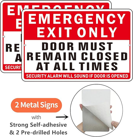 Emergency Exit Only Sign, (2 Pack) Self Adhesive Emergency Exit Sign Sticker for Door, Rust Free and Reflective Aluminum Metal Signs for Wall (9 x 6 inches, Red/White)