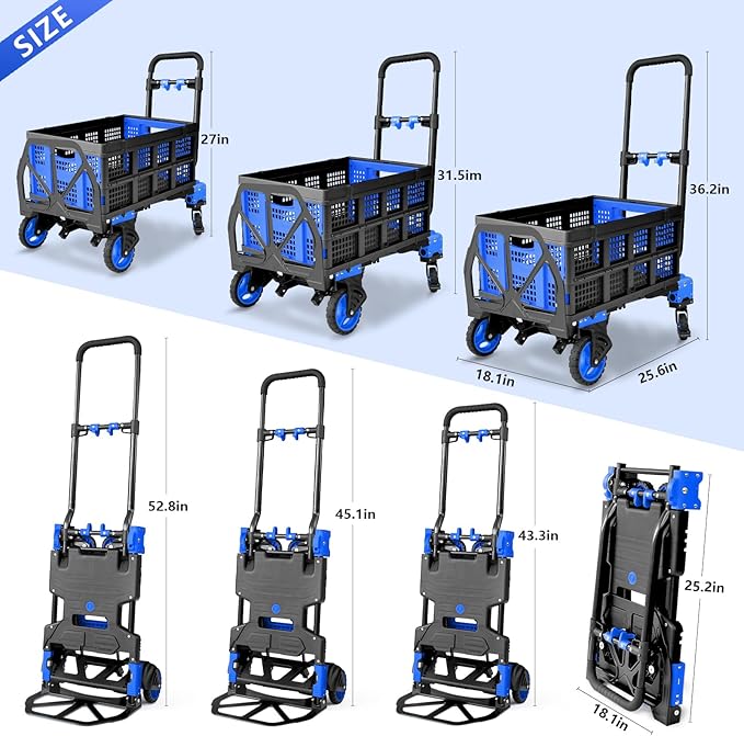 2 in 1 Hand Truck Dolly Foldable, 330LB Folding Hand Truck Heavy Duty Carrying, Folding Hand Cart with Retractable Handle Dolly Cart for Moving