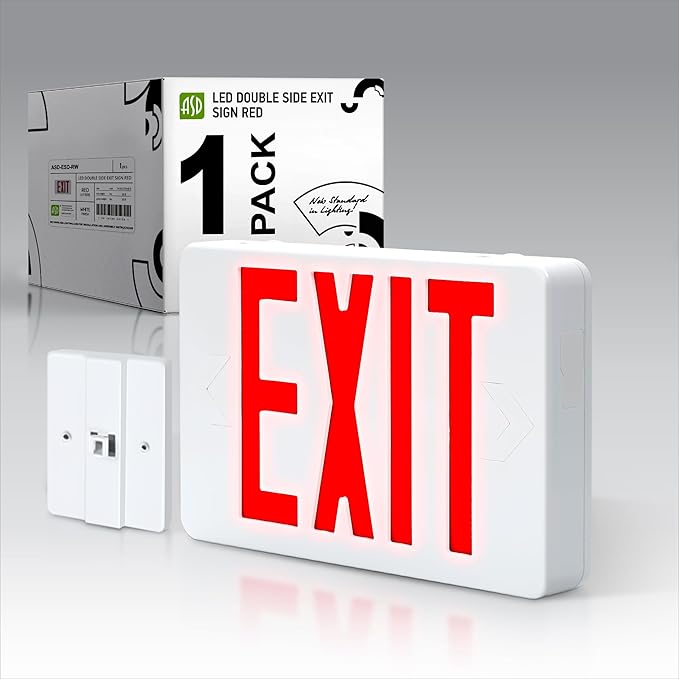 ASD LED Exit Sign with Battery Backup - UL 120/277V Double Face Emergency Exit Light for Business, Office Commercial Hardwired Damp Location Power Outage Lights, Red