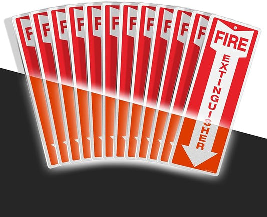 T&R Metal Fire Extinguisher Sign - 12 Pack - 12"x4" .040 Rust Free Heavy Aluminum, Reflective, Waterproof, Weatherproof and Fade Resistant, 2 pre-drilled holes, Easy to Install Indoors and Outdoors