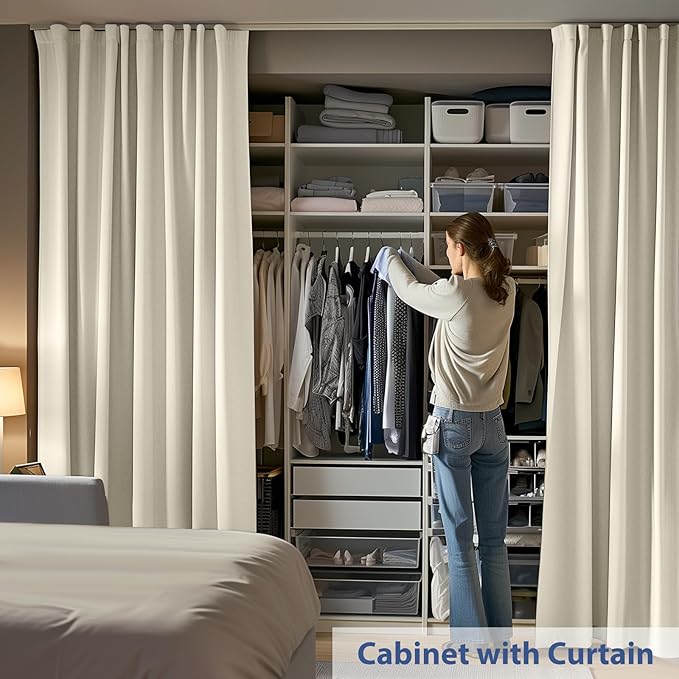 Room Divider Ceiling Mounted Curtains Track Sets Extra Wide Blackout Curtain Flexible Tracks for Bedroom Privacy Partition Separator, 1 Panel Beige Drape and White Rail, W15 x H7ft