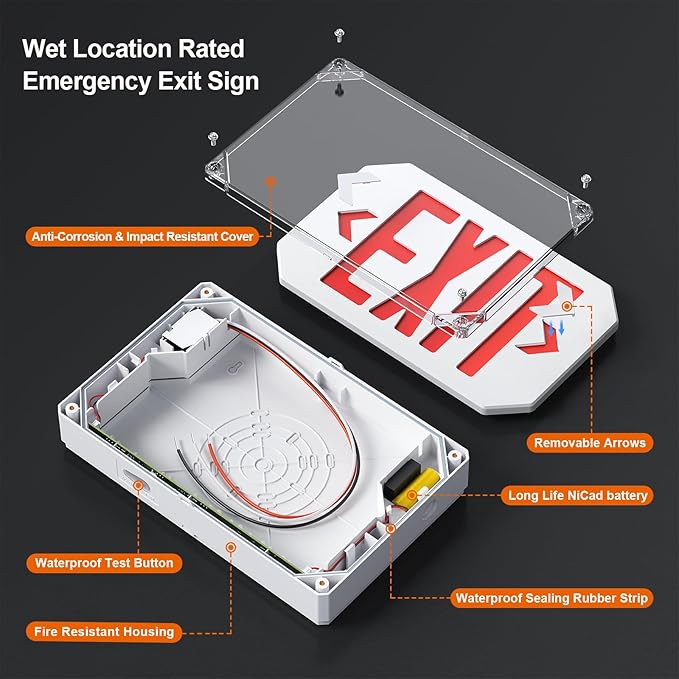 Wet Location Exit Sign,Exterior Weatherproof LED Exit Light with Battery Backup,Switchable Red/Green Colors,Double Sided Emergency exit sign,Outdoor Waterproof Hardwired Emergency Exit Light,120V/277VAC,UL Listed(2 Pack)