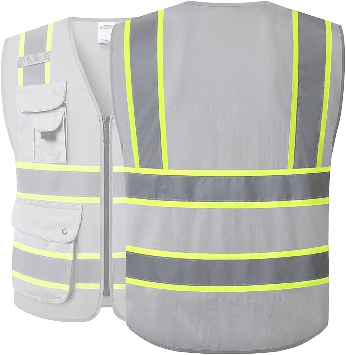 JKSafety 9 Pockets Hi-Vis Fluorescent Color Zipper Front Safety Vest with Neon Color Extended Yellow Trims for Men and Women Work Safety Utility (901-Grey XL)