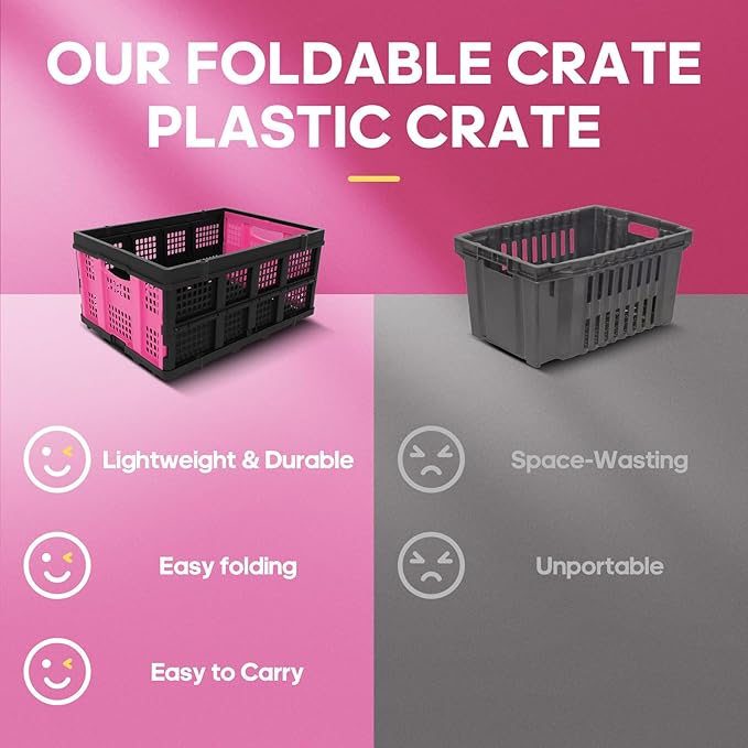 FAHKNS 60L Collapsible Milk Crates for Storage: Stackable & Portable Basket Foldable Plastic Crates for Office, Home, Garage