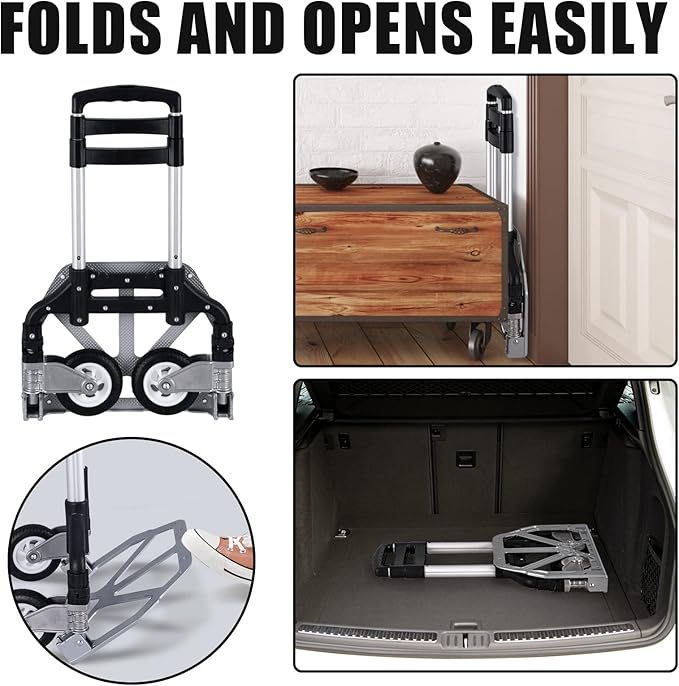 Folding Hand Truck Portable Foldable Dolly Cart Aluminum Luggage Cart Trolley Cart Black MAX Load 180 lbs, with Black Bungee Cord, Telescoping Handle,Solid Aluminium Wheel suspensions, Double Bearings