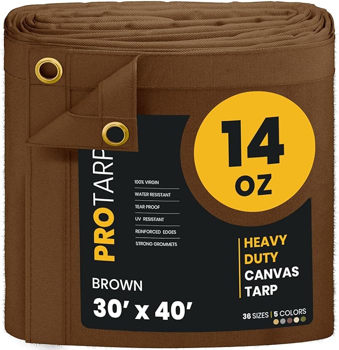 PROTARP Heavy Duty 14 OZ Water Resistant Canvas Tarp, UV Resistant Tarpaulin Cover with Rustproof Brass Grommets, Multipurpose for Canopy, Roof, Camping, Woodpile (Brown 30'X40')