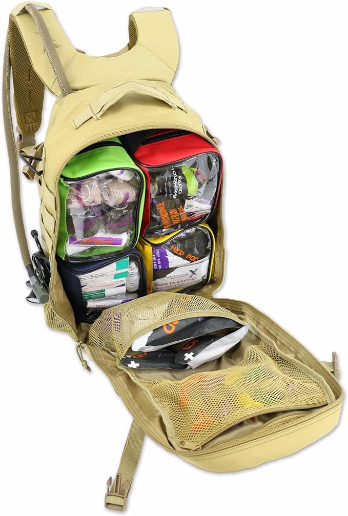 Lightning X Stocked Modular Trauma & Bleeding First Aid Responder Medical Backpack + Kit (Tan w/Hydration Bladder)