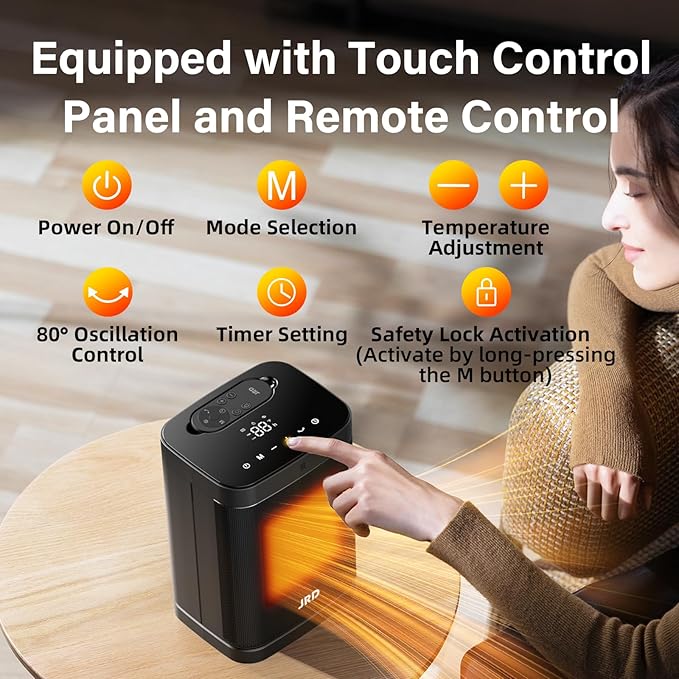 1500W PTC Space Heater Indoor with 80°Oscillation, Thermostat, 12h Timer, Fast Heat, Eco Mode, Remote, Small Quiet Safe Room Electric Heater, Portable Desk Heat for Office Bedroom Home