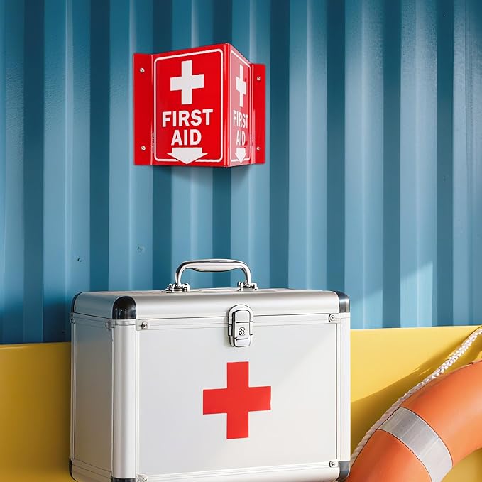GicnKeuz First Aid Sign, 8" x 6" First Aid with Cross Symbol, Two-Sided Acrylic V-Sign for Business or Office or Wall Décor, Including Screws, Easy to Install (2 Pack)