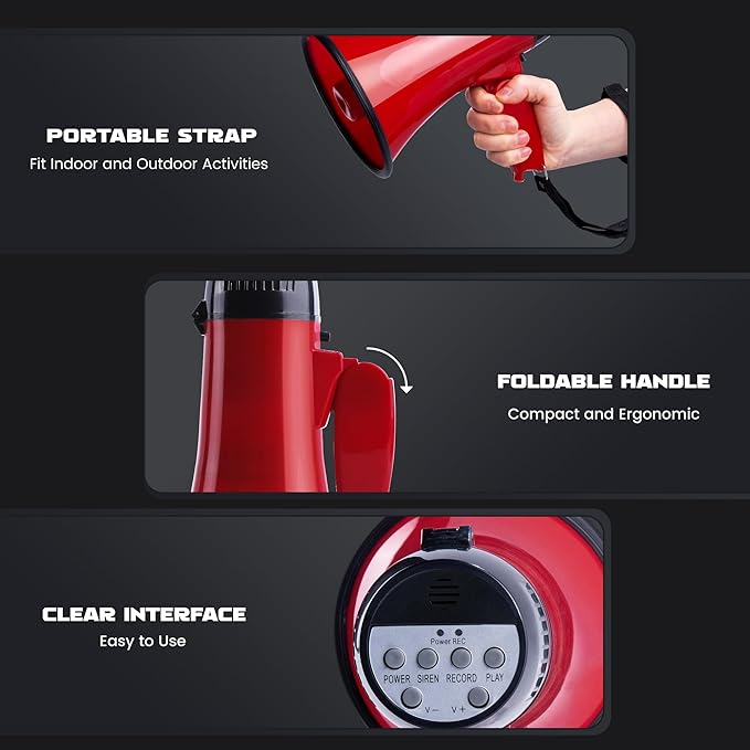 MyMealivos Portable Megaphone Bullhorn 20 Watt Power Megaphone Speaker Voice and Siren/Alarm Modes with Volume Control and Strap (Red)