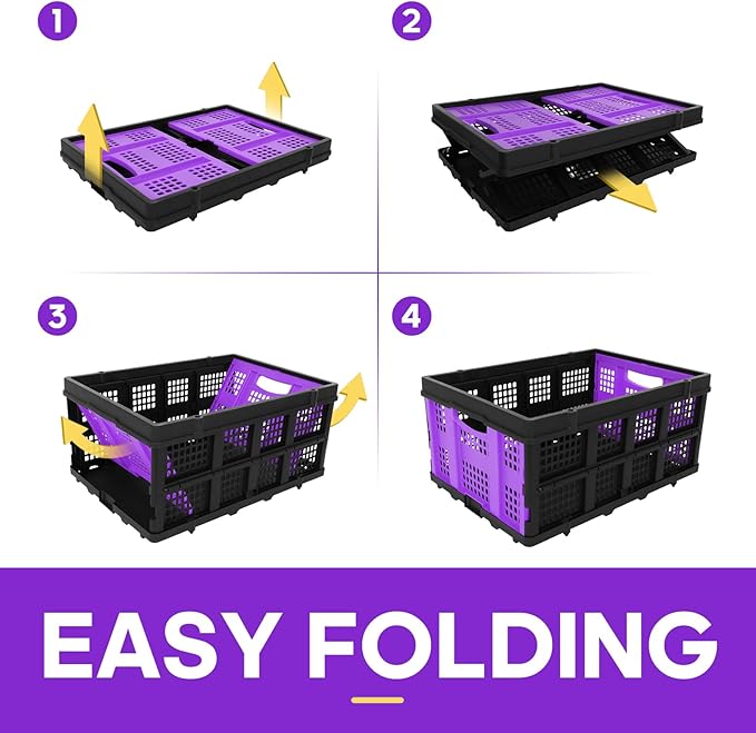 FAHKNS 60L Collapsible Milk Crates for Storage: Stackable & Portable Basket Foldable Plastic Crates for Office, Home, Garage