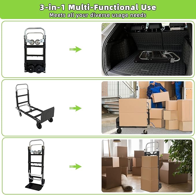 3 in 1 Folding Hand Truck, 600Lbs Capacity, Heavy Duty Collapsible Cart with Retractable Handle and 4 Rubber Wheels, Moving Dolly for Moving Home, Office, Food Service, Shopping Mall, Warehouse